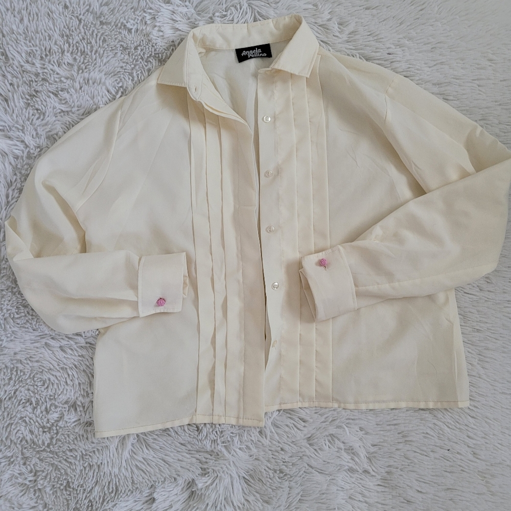 Vintage Angela Pellino cream color button up pleated blouse with pink cufflinks
